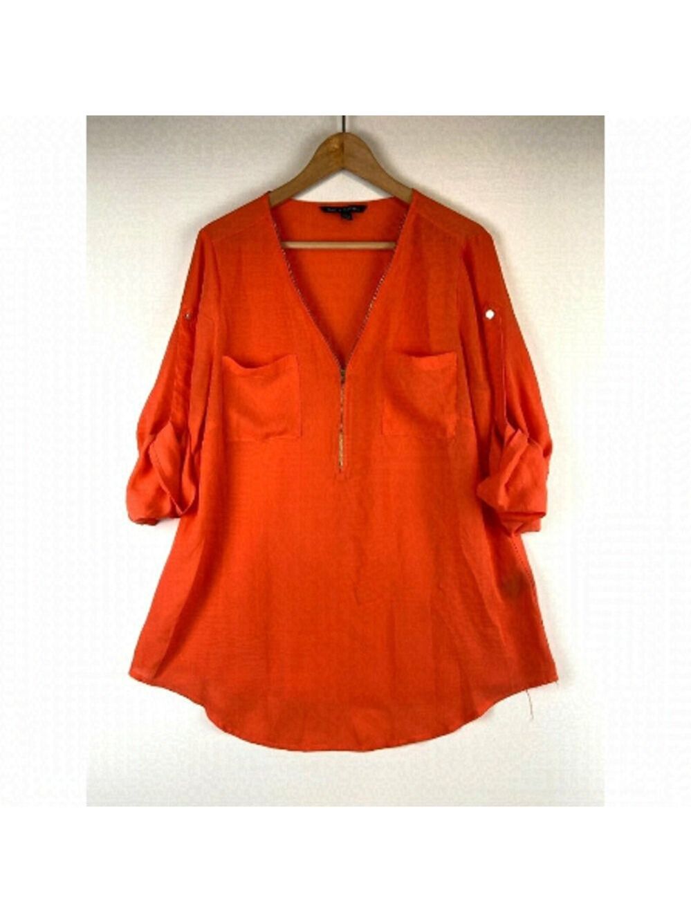 Zac & Rachel Women's Orange Half Zipper V-Neck Roll Tab Sleeve Tunic Top…